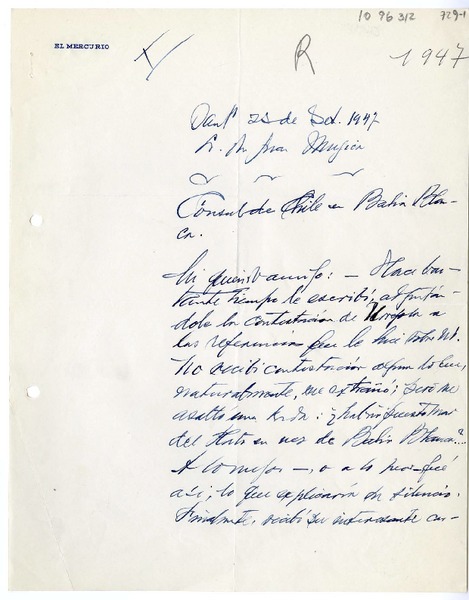 [Carta] 1947 septiembre 25, Santiago, Chile [a] Juan Mujica de la Fuente, Bahía Blanca, Argentina