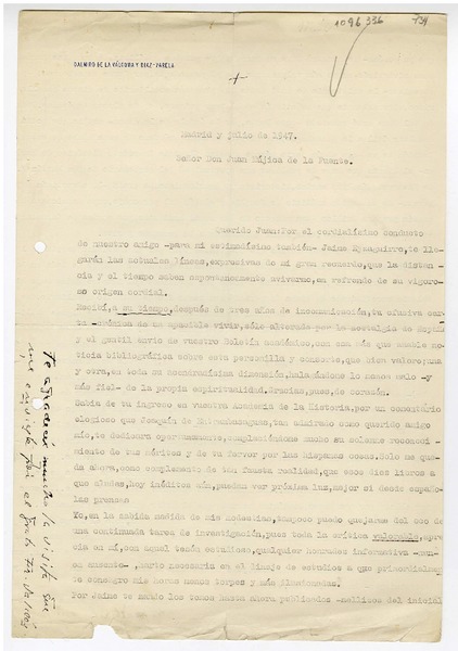 [Carta] 1947 julio, Madrid, España [a] Juan Mujica de la Fuente, Bahía Blanca, Argentina
