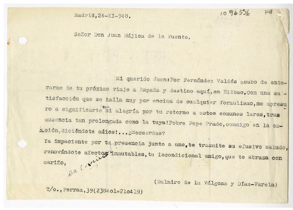 [Carta] 1948 noviembre 24, Madrid, España [a] Juan Mujica de la Fuente