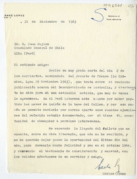 [Carta] 1963 diciembre 31, Madrid, España [a] Juan Mujica de la Fuente, Lima, Perú