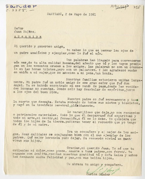 [Carta] 1961 mayo 2, Santiago, Chile [a] Juan Mujica de la Fuente, Arequipa, Perú