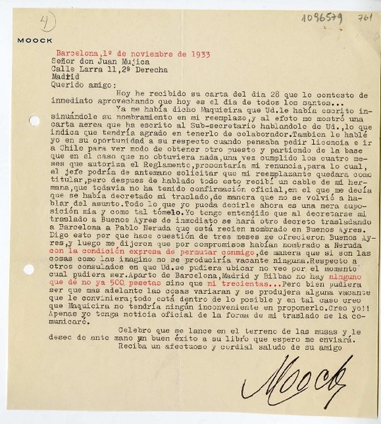 [Carta] 1933 noviembre 1, Barcelona, España [a] Juan Mujica de la Fuente, Madrid