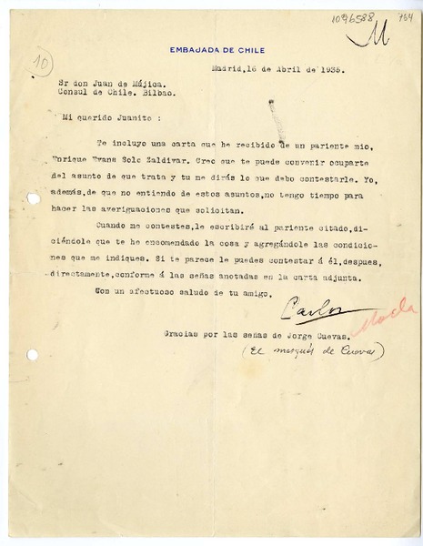 [Carta] 1935 abril 16, Madrid, España [a] Juan Mujica de la Fuente, Bilbao