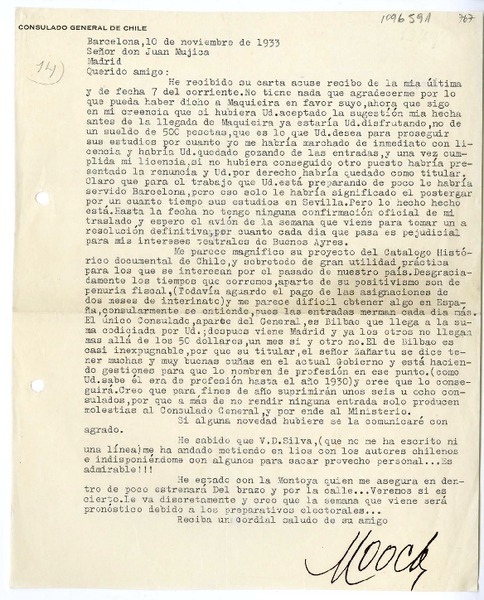 [Carta] 1933 noviembre 10, Barcelona, España [a] Juan Mujica de la Fuente, Madrid