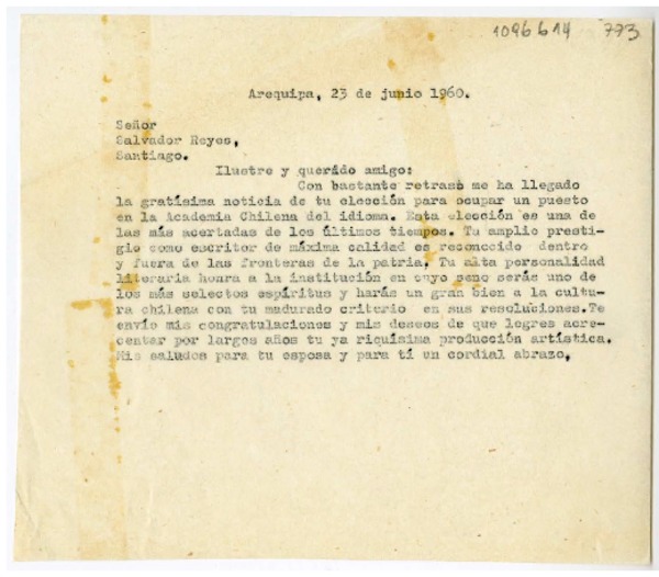 [Carta] 1960 junio 23, Arequipa, Perú [a] Salvador Reyes, Santiago, Chile