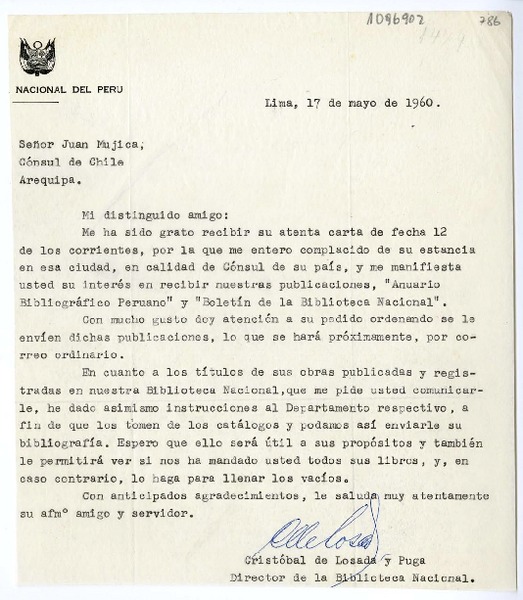 [Carta] 1960 mayo 17, Lima, Perú [a] Juan Mujica de la Fuente, Arequipa