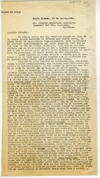 [Carta] 1948 marzo 18, Bahía Blanca, Argentina [a] Alberto Sepúlveda Contreras, Santiago, Chile