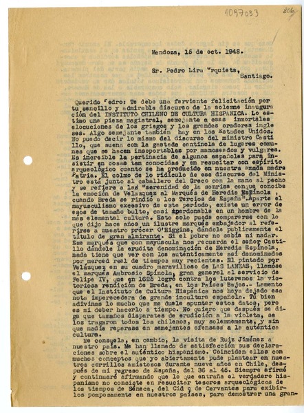 [Carta] 1948 octubre 15, Mendoza, Argentina [a] Pedro Lira Urquieta, Santiago, Chile