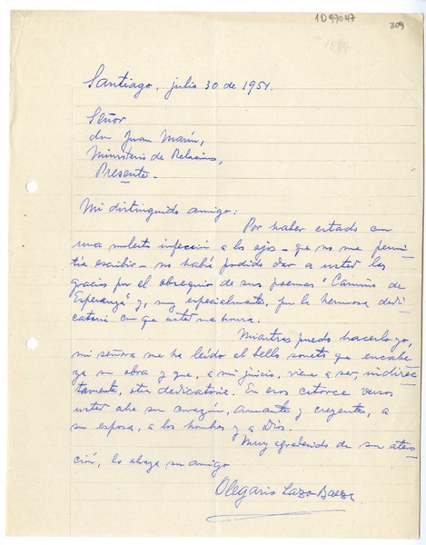 [Carta] 1951 julio 30, Santiago, Chile [a] Juan Marin, Ministerio de Relaciones Exteriores.