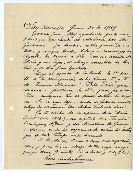 [Carta] 1949 junio 20, San Bernardo, Chile [a] Juan Mujica