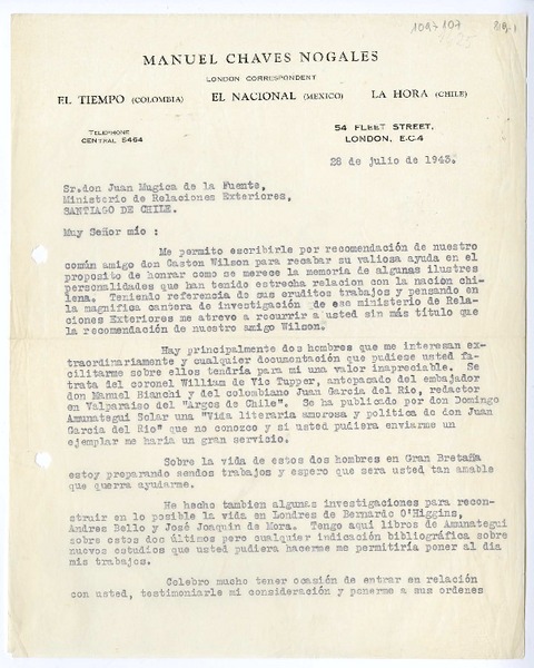 [Carta] 1943 julio 28, Londres, Inglaterra [a] Juan Mujica de la Fuente, Santiago, Chile
