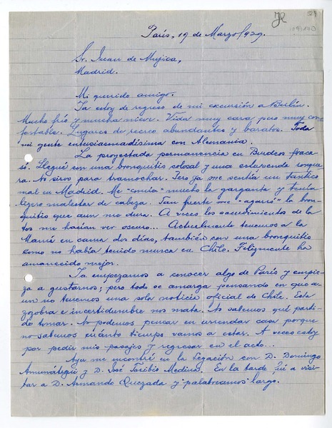 [Carta] 1929 marzo 19, Paris, Francia [a] Juan Mujica de la Fuente, Madrid, España