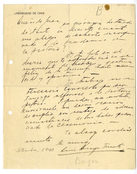 [Carta] 1940 septiembre, Santiago, Chile [a] Juan Mujica de la Fuente, Madrid, España