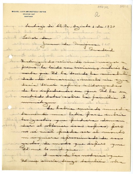 [Carta] 1930 agosto 6, Santiago, Chile [a] Juan Mujica de la Fuente, Madrid, España