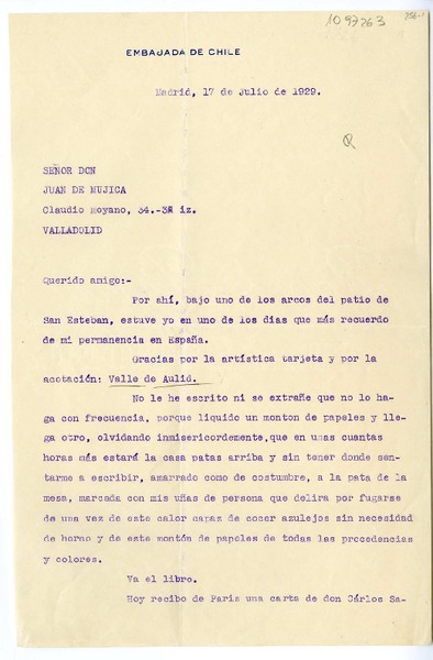 [Carta] 1929 julio 17, Madrid, España [a] Juan Mujica de la Fuente, Valladolid