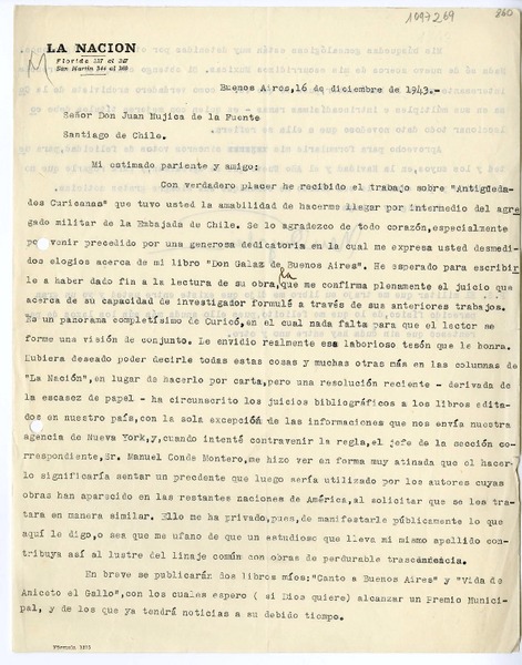 [Carta] 1943 diciembre 16, Buenos Aires, Argentina [a] Juan Mujica de la Fuente, Santiago, Chile