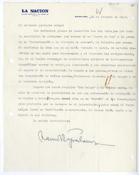 [Carta] 1942 febrero 10, Buenos Aires, Argentina [a] Juan Mujica de la Fuente