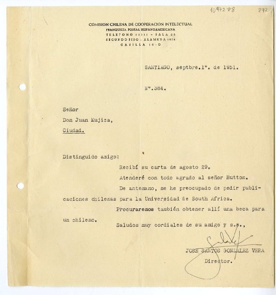 [Carta] 1951 septiembre 1, Santiago, Chile [a] Juan Mujica de la Fuente