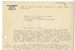 [Carta] 1944 mayo 10, Valparaíso, Chile [a] Juan Mujica de la Fuente, Santiago