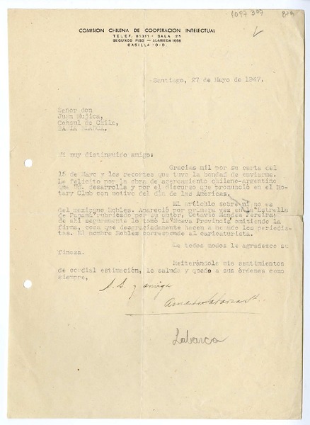 [Carta] 1947 mayo 27, Santiago, Chile [a] Juan Mujica de la Fuente, Bahía Blanca, Argentina