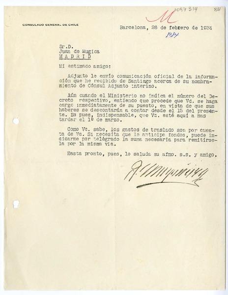 [Carta] 1934 febrero 26, Barcelona, España [a] Juan Mujica de la Fuente, Madrid