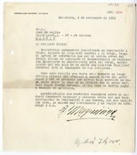 [Carta] 1933 noviembre 2, Barcelona, España [a] Juan Mujica de la Fuente, Madrid