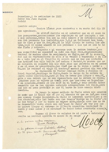 [Carta] 1933 septiembre 1, Barcelona, España [a] Juan Mujica de la Fuente, Madrid