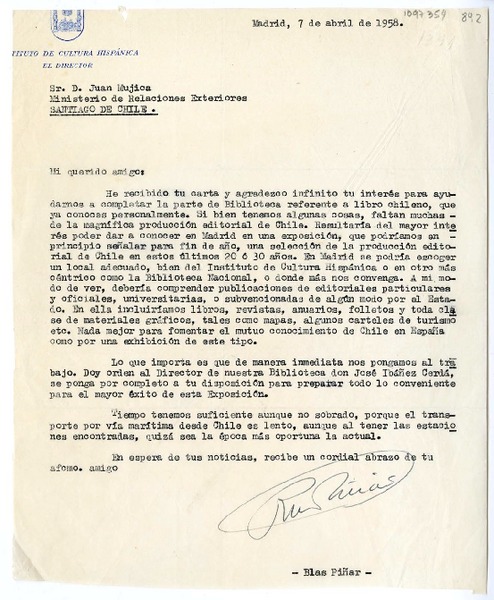 [Carta] 1958 abril 7, Madrid, España [a] Juan Mujica de la Fuente, Santiago, Chile
