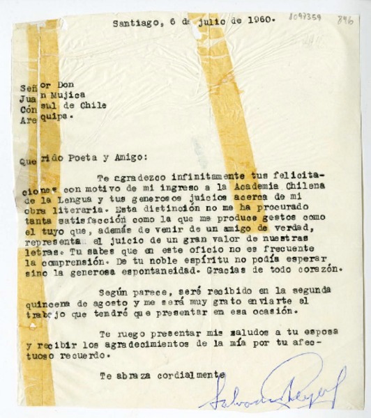 [Carta] 1960 julio 6, Santiago, Chile [a] Juan Mujica de la Fuente, Arequipa, Perú