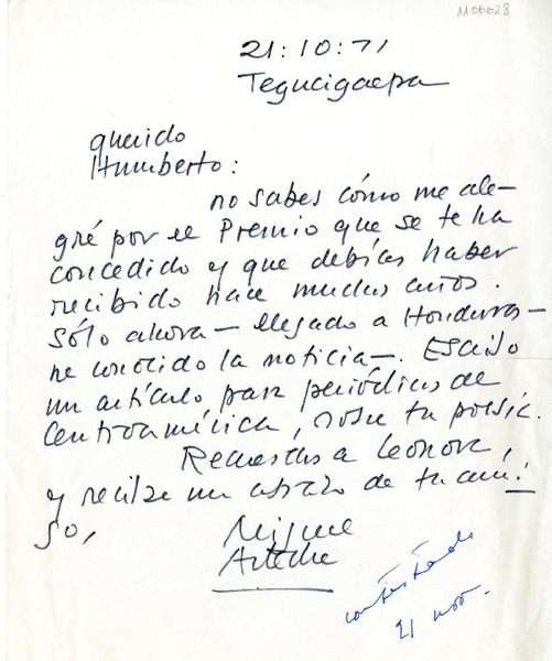 [Carta] 1971 octubre 21, Tegucigalpa, Honduras [a] Humberto Díaz-Casanueva