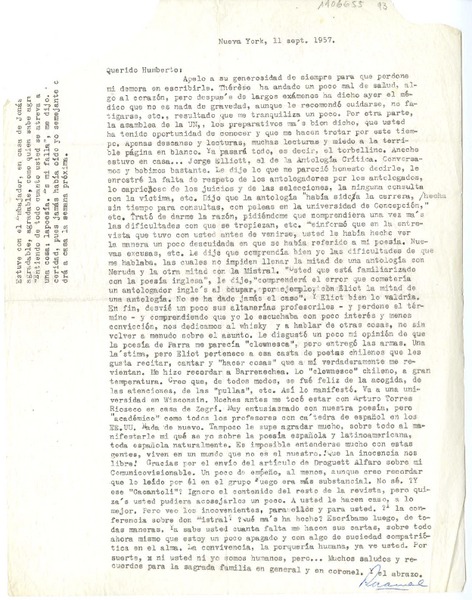 [Carta] 1957 septiembre 11, Nueva York [a] Humberto Díaz-Casanueva