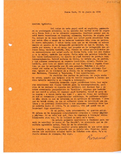 [Carta] 1959 junio 28, Nueva York, [a] Humberto Díaz-Casanueva, [Italia]