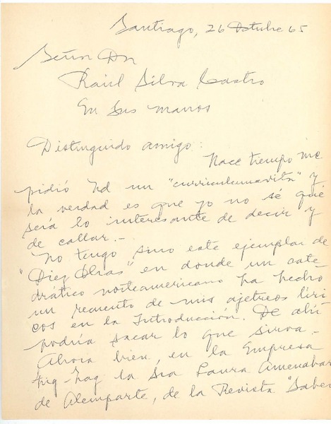 [Carta] 1965 oct. 26, Santiago, Chile [a] Raúl Silva Castro