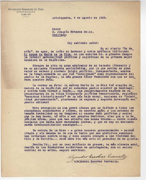 [Carta] 1953 ago. 8, Antofagasta, Chile [a] Joaquín Edwards Bello