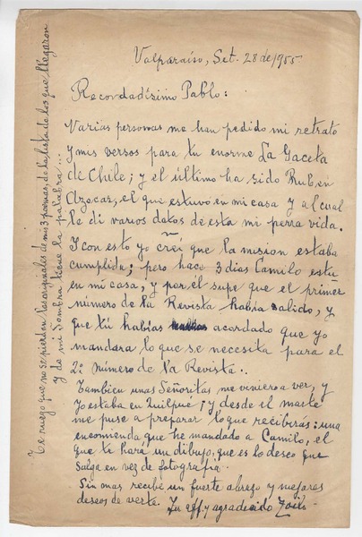 [Carta] 1955 sep. 28, Valparaíso, Chile [al] Director de la Gaceta de Chile