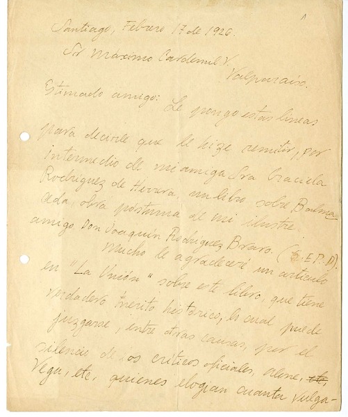 [Carta] 1926 febrero 17, Santiago, Chile [a] Máximo Cardemil