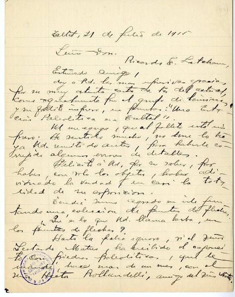 [Carta] 1915 julio 21, Taltal, Chile [a] Ricardo Latcham.