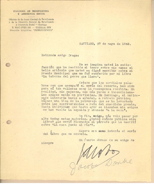 [Carta] 1946 may. 27, Santiago, Chile [a] Gonzalo Drago