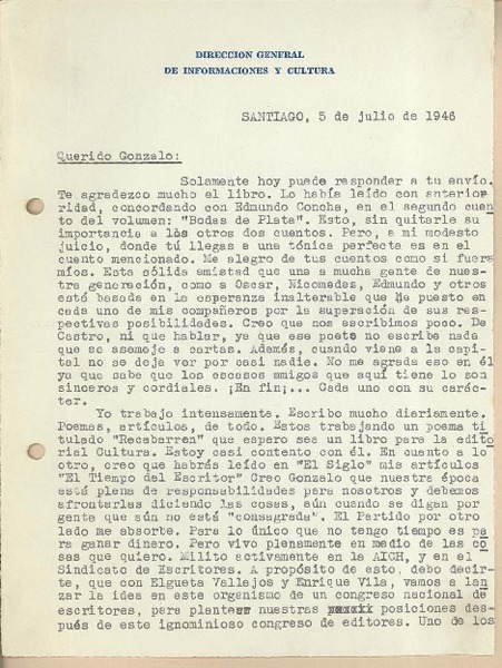 [Carta] 1946 jul. 5, Santiago, Chile [a] Gonzalo Drago
