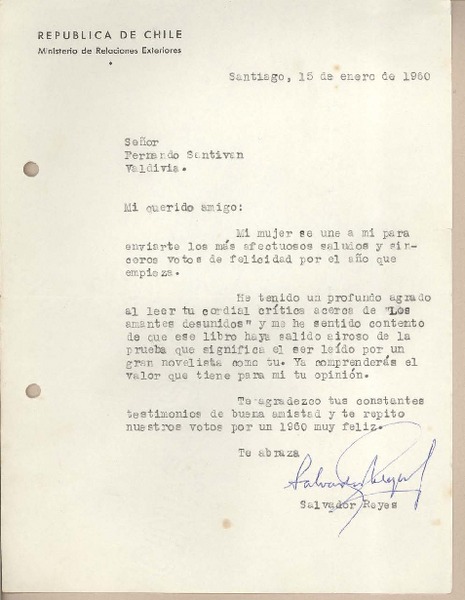 [Carta] 1960 enero 15, Santiago, Chile [a] Fernando Santiván