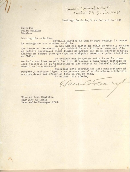 [Carta] 1939 feb. 24, Santiago, Chile [a] Palma Guillén, Ginebra, [Suiza]