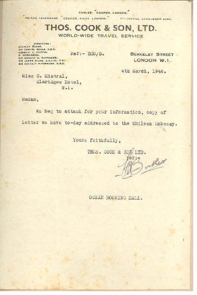 [Carta] 1946 Mar. 4, London, [England] [a] [Gabriela] Mistral, Claridges Hotel, [London],[ England]