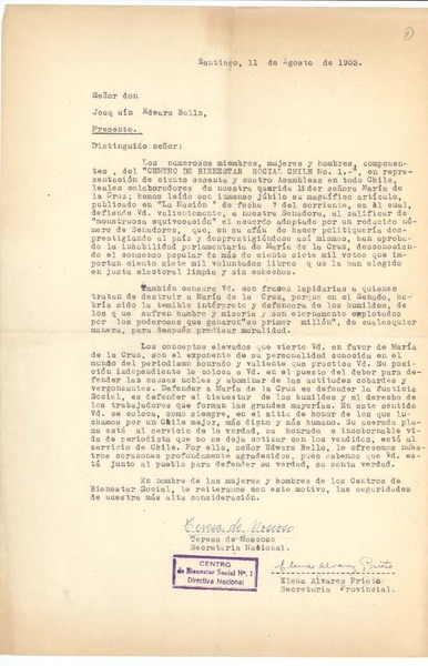 [Carta] 1953 ago. 11, Santiago, Chile [a] Joaquín Edwards Bello