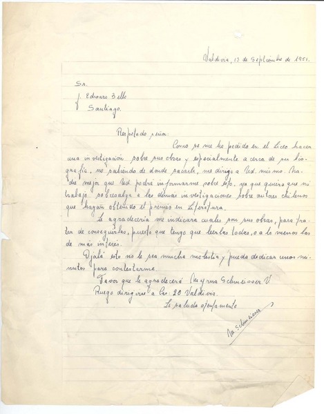[Carta] 1951 sep. 13, Valdivia, Chile [a] Joaquín Edwards Bello