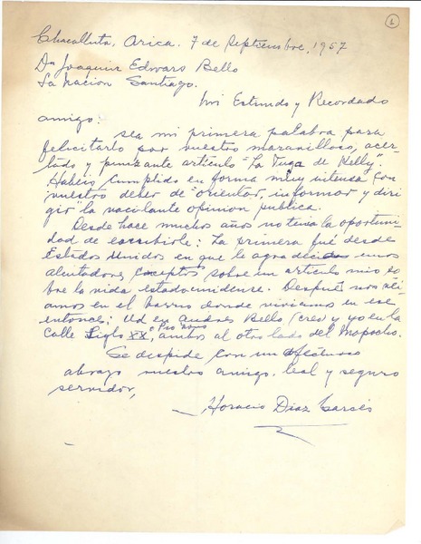 [Carta] 1957 sep. 7, Arica, Chile [a] Joaquín Edwards Bello