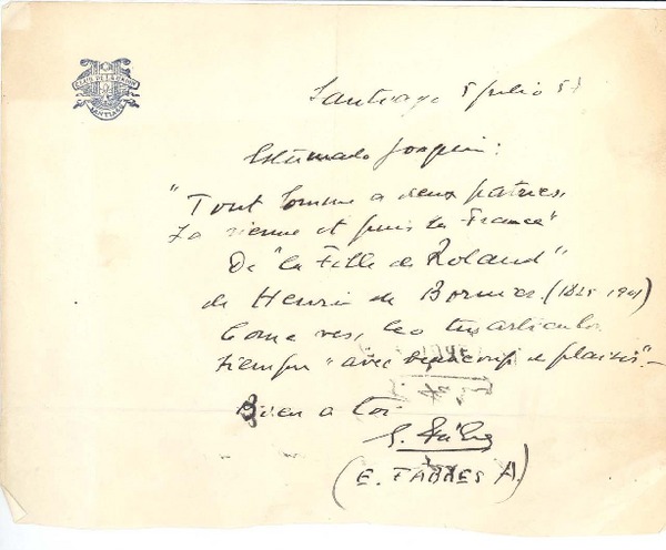 [Carta] 1957 jul. 5 Santiago, Chile [a] Joaquín Edwards Bello