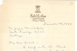 [Carta] 1947 dic. 14, Santiago, Chile [a] Joaquín Edwards Bello