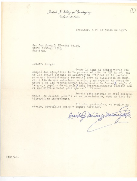 [Carta] 1957 jun. 24, Santiago, Chile [a] Joaquín Edwards Bello