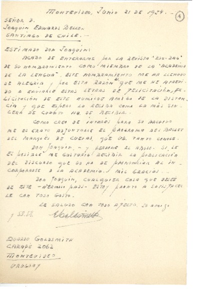 [Carta] 1954 jun. 21, Montevideo, Uruguay [a] Joaquín Edwards Bello