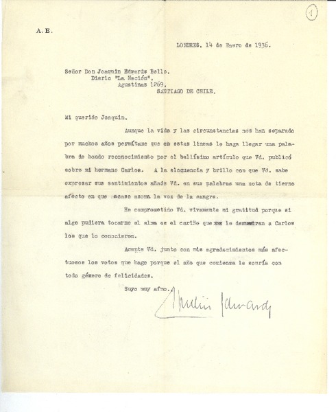 [Carta] 1936 ene. 14, Londres, Inglaterra [a] Joaquín Edwards Bello, Santiago, Chile